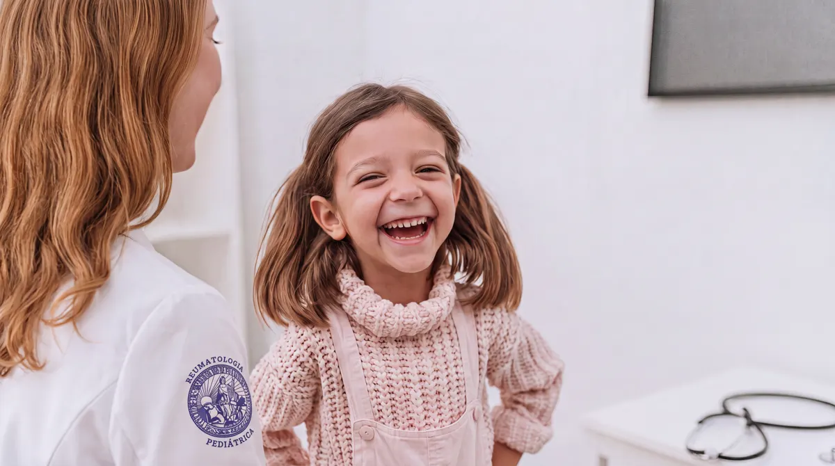 Dra. Lia Steuer de jaleco com uma menina sorridente no consultório